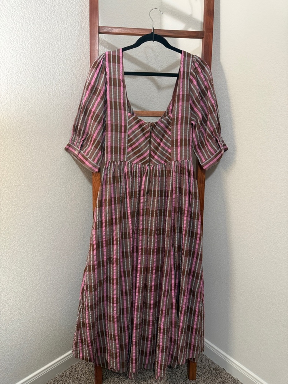 Free People Tulie Pink and Brown Plaid Midi Dress with Puff Sleeves Size LG NWT - Picture 3 of 9